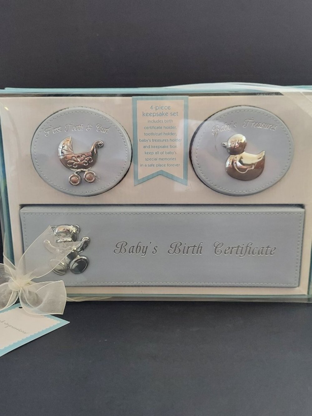 First Impressions Baby Keepsake Set Birth Certificate First Tooth Blue+Silver